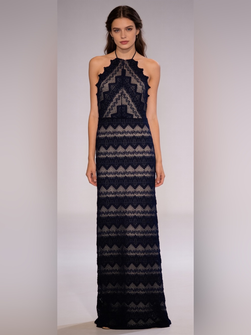 NWT $498 NIGHTCAP Anthropologie "Monaco" navy tan lace maxi dress gown L wedding
